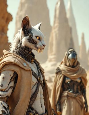 The primary subject of the image is a white cat with a mechanical face, standing in a desert-like environment. The cat appears to be wearing a coat and has a mechanical face, giving it a unique and futuristic appearance. The setting is a rocky landscape, with a few rocks scattered around the area. The visual style of the image is a combination of photo and digital art, creating a surreal and intriguing scene. The dominant colors in the image are shades of brown and white, with the mechanical elements adding a